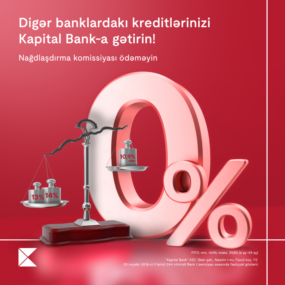 Kreditlərinizi Kapital Bank-a gətirin nağdlaşdırma komissiyası olmadan kredit əldə edin
